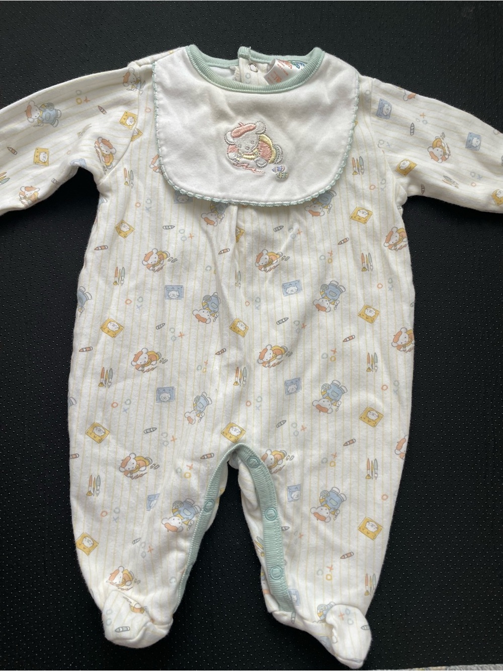 Cream Footed Baby One-Piece with Pastel Print and Bib